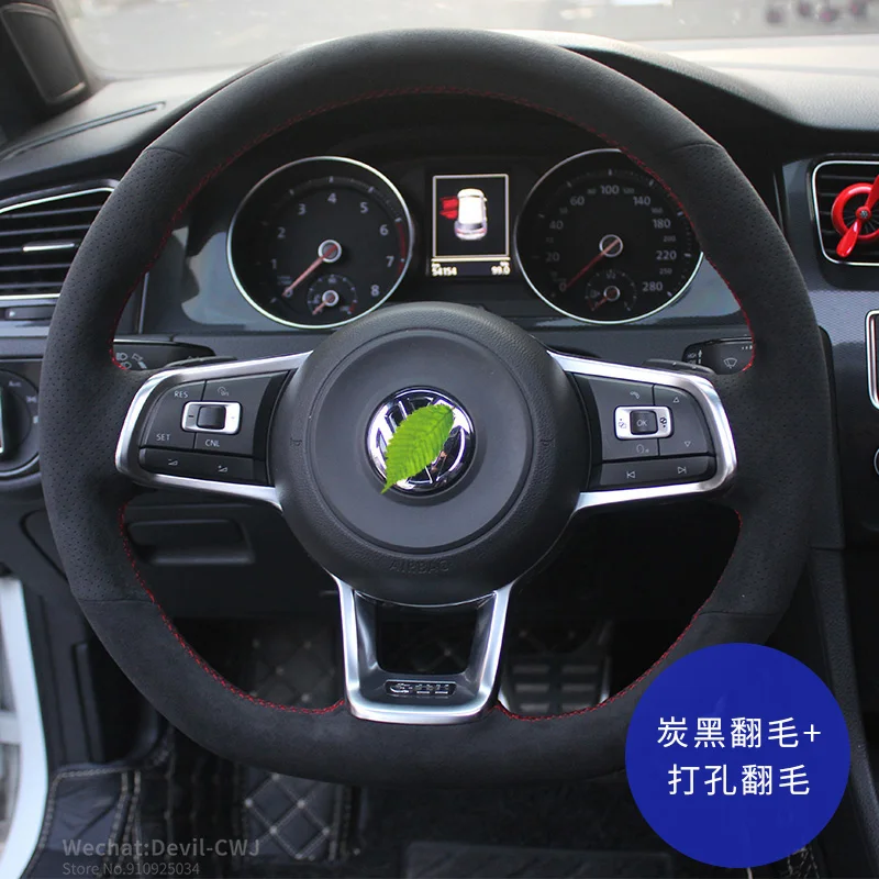 

Car Pi Steering wheel cover for VW Sagitar Magotan Passat Golf Phaeton Tiguan Tayron Teramont Black Sued leather hand-stitch