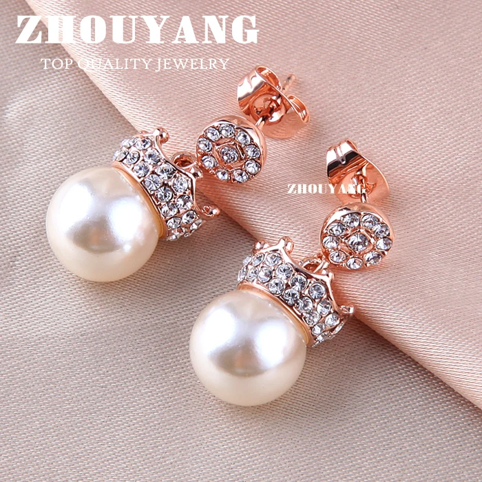 

ZHOUYANG Imitation Pearl Earrings For Women Rose Gold Color Crown Ear Studs Jewelry Austrian Crystal Kpop Accessories Gift E163