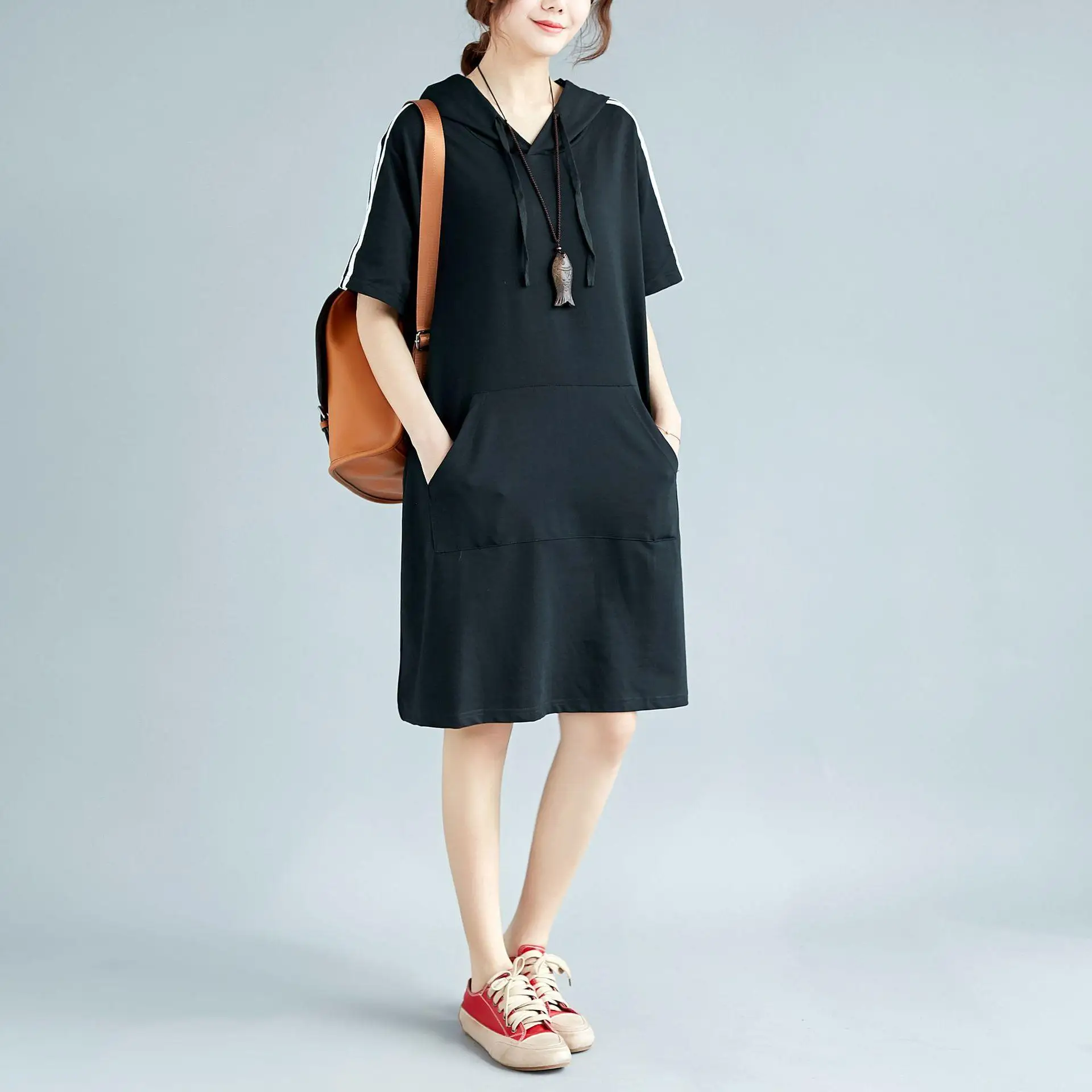 5XL Plus Size Female Dress Loose Woman Hooded Elegant Oversize Pocket Casual Summer Solid Lady Large | Женская одежда