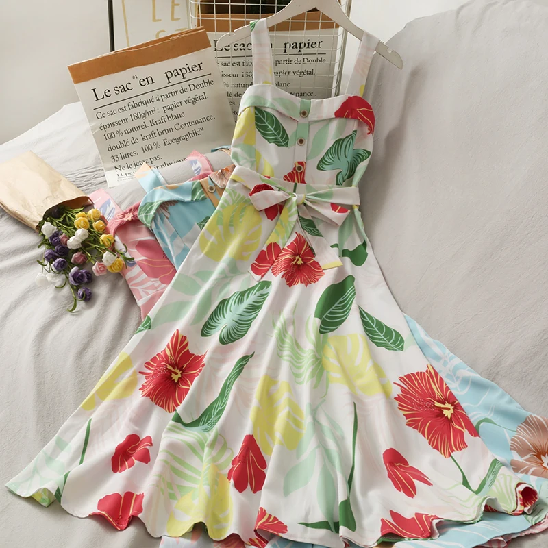 

Женское приталенное платье на бретелях, универсальное платье средней длины в западном стиле с принтом, милый стиль, 2021