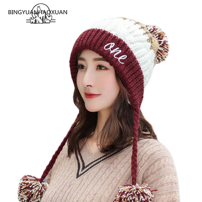 

Fashion Winter Hat Warm Women Pom Poms Skullies Beanies Thick Warm Knitted Caps For Winter Female Velvet Ear Hat Soft Hats