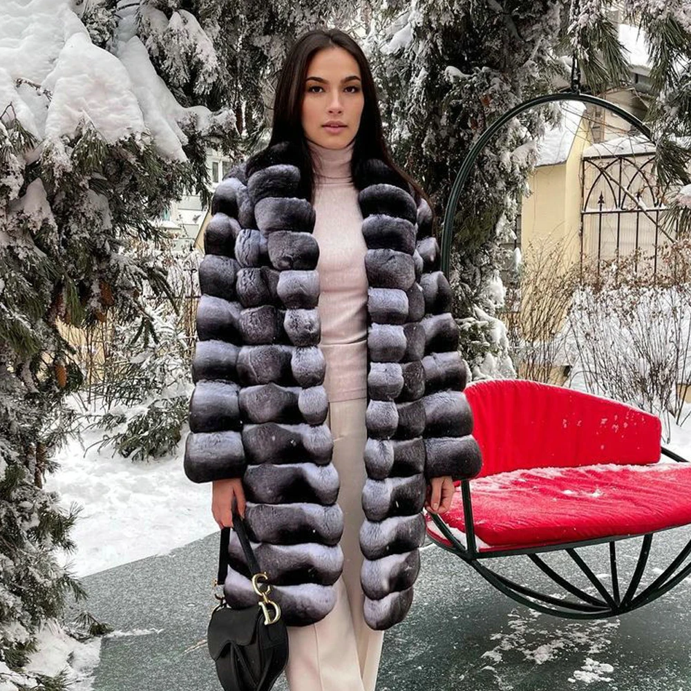 Luxury Women Natural Fur Coats Winter Outwear High Quality Genuine Full Pelt Rex Rabbit Fur Coat with Lapel Collar Warm Overcoat
