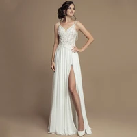 luxury a line chiffon wedding beaded shoulder strap v neck charming gowns lace applique backless sexy high split robe de