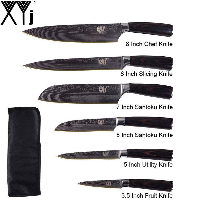 7PCS Kitchen Chef Knives Set With Carrying Knife Bag Damascus Pattern Veins Blade Knife Wood Handle Santoku Utility Knife