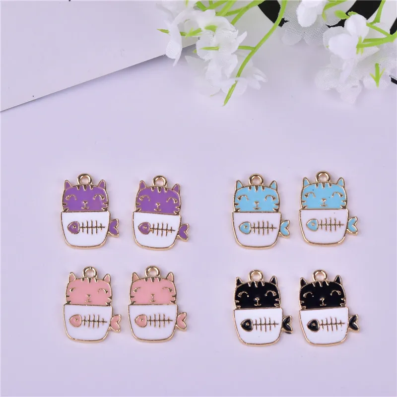 

10pcs/pack 19*14mm Cute cat and fish bones Enamel Metal Charms Earring Bracelet DIY Jewelry Making