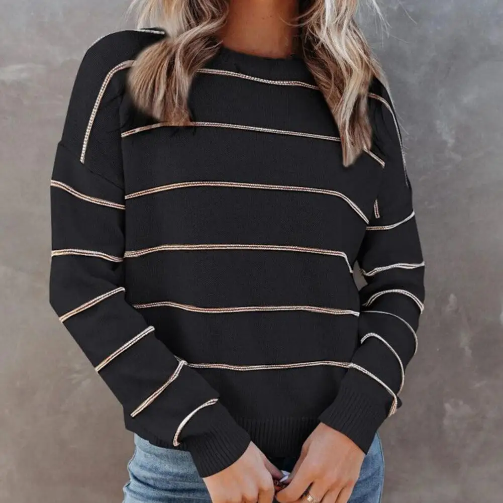 

Loose Knitted Top Long Sleeve O Neck Striped Women Knitwear Sweater for Daily Wear
