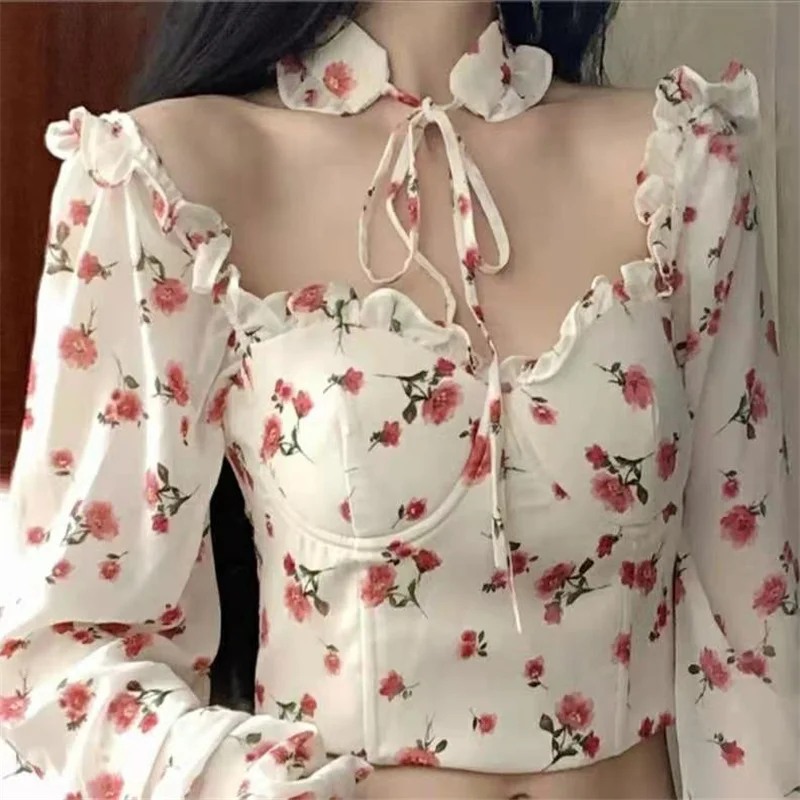 

2021 New Sexy Women Blouse Gothic Floral Print Elegant Tops Shirts Long Sleeve Summer Lady Crop Tops Clothing