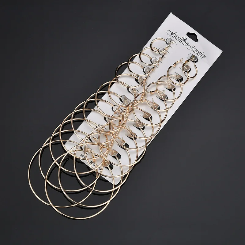 

Hot Punk Hiphop Round Earings Oorbellen Orecchini 12Pairs/Sets Mix Size Hoop Earrings Fashion Tone Big Circle Hoops