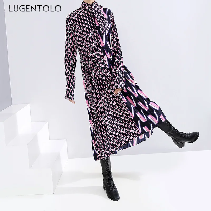 

Lugentolo Fashion Dress Women Summer Geometric Print Stand Collar Long Sleeve A-Line Polyester Loose Womens Dresses