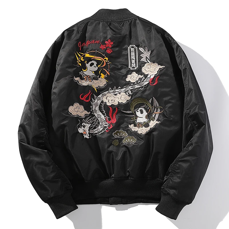 Mens Chinese Panda Embroidered Thick Peacoat Sukajan Souvenir Flight Jacket Bomber Coat Chic Outwear 2022