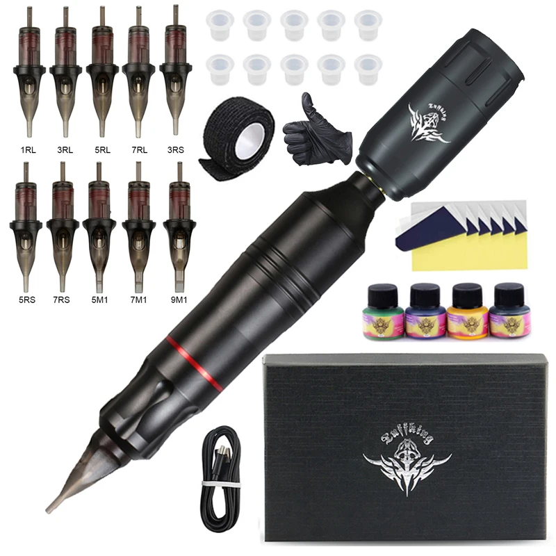 Tattoo Kit Professional Wireless Tattoo Machine Kit Rotary Pen with Cartridge Needles Permanent Make-up Tattoo Set for Beginners