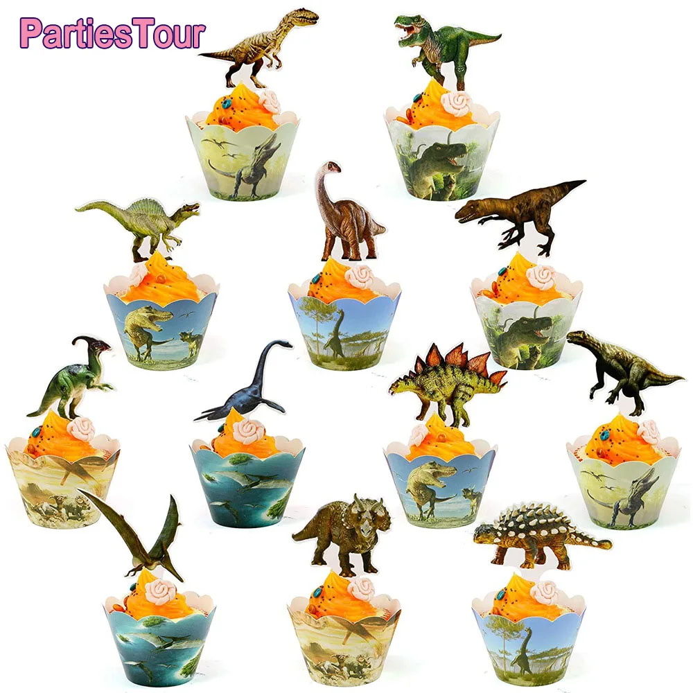 

24pcs Birthday Dinosaur Party Cupcake Wrappers Toppers Cake Decorations Baby Shower 2nd 3rd 4th 5th Birthday Dino Party Supplies
