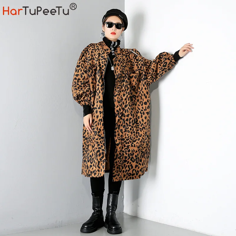 Осенне-зимний Женский Тренч с леопардовым принтом платье размера плюс