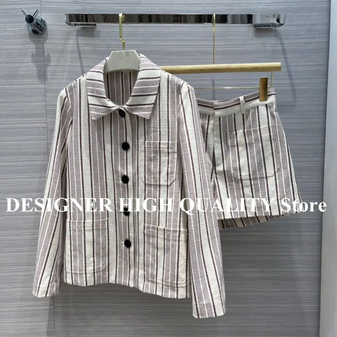 2021 New Spring Fashion Linen 2 Piece Set Stripes Pattern Blazer Suit Women Shorts Elegant Office Lady Suits