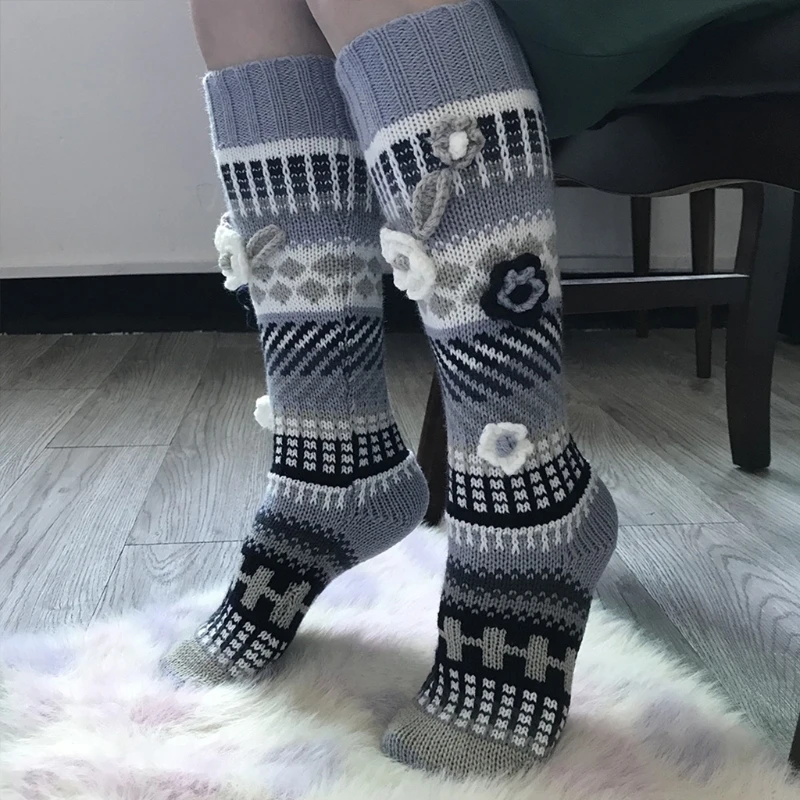 

MXMD женские этнические разноцветные вязаные крючком Гольфы 3D вязаные цветочные зимние теплые геометрические узорные чулки до икры