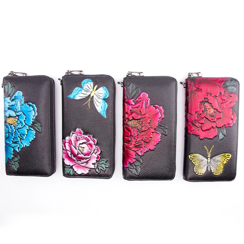 Винтажный женский кошелек из натуральной кожи с тиснением лотоса/оленя/павлина