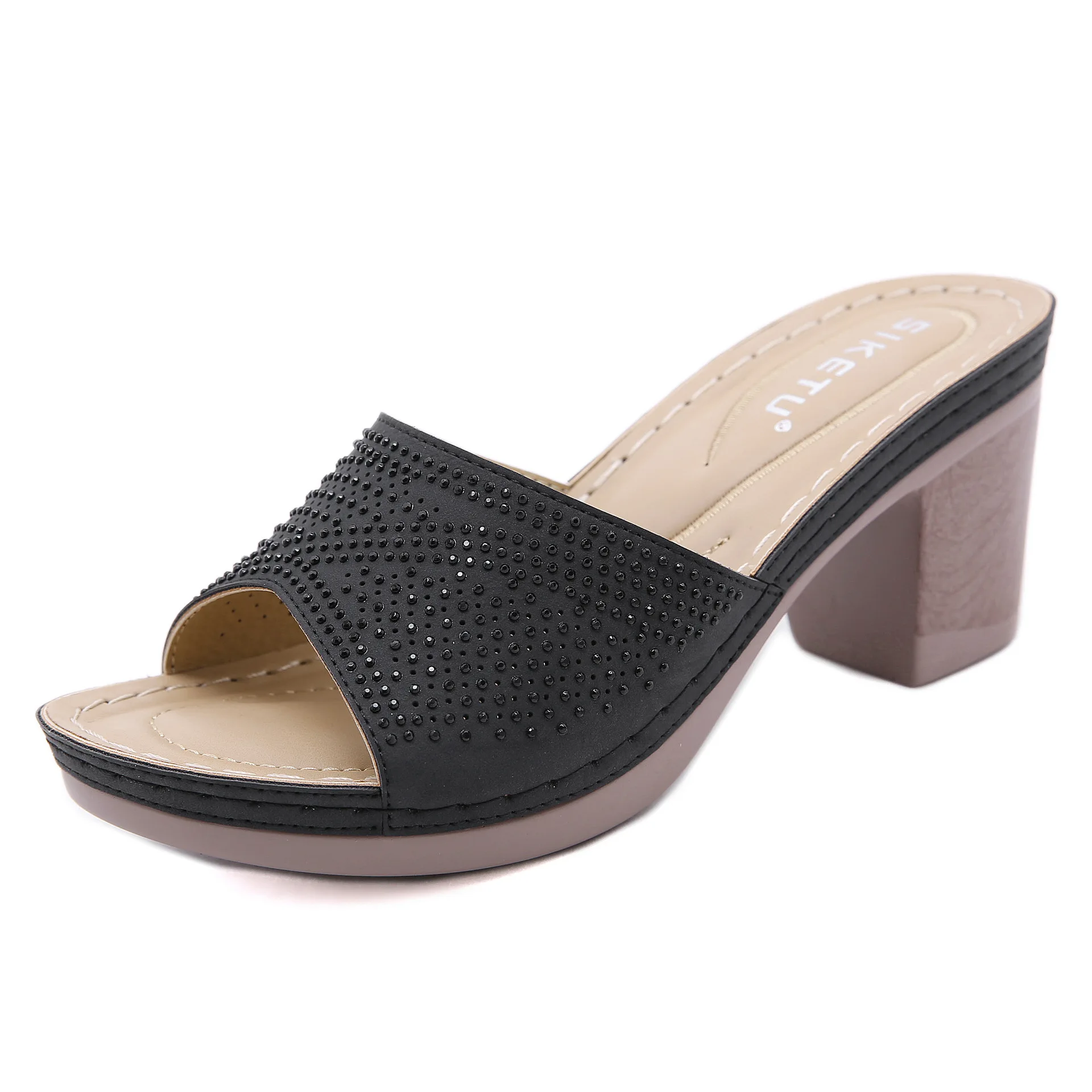 

Female Shoes Slippers Heels Slides Jelly Flip Flops Big Size 2021 High Soft Glitter Scandals Fabric Crystal Rome PU Sewing Hoof