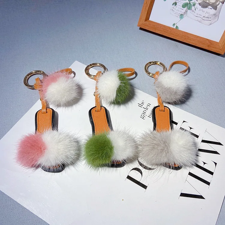 

Карамельные цвета, контрастные Шлепанцы из меха норки, брелок для ключей, меховая сумка, подвеска «сделай сам», розовый цветок, подарочные а...