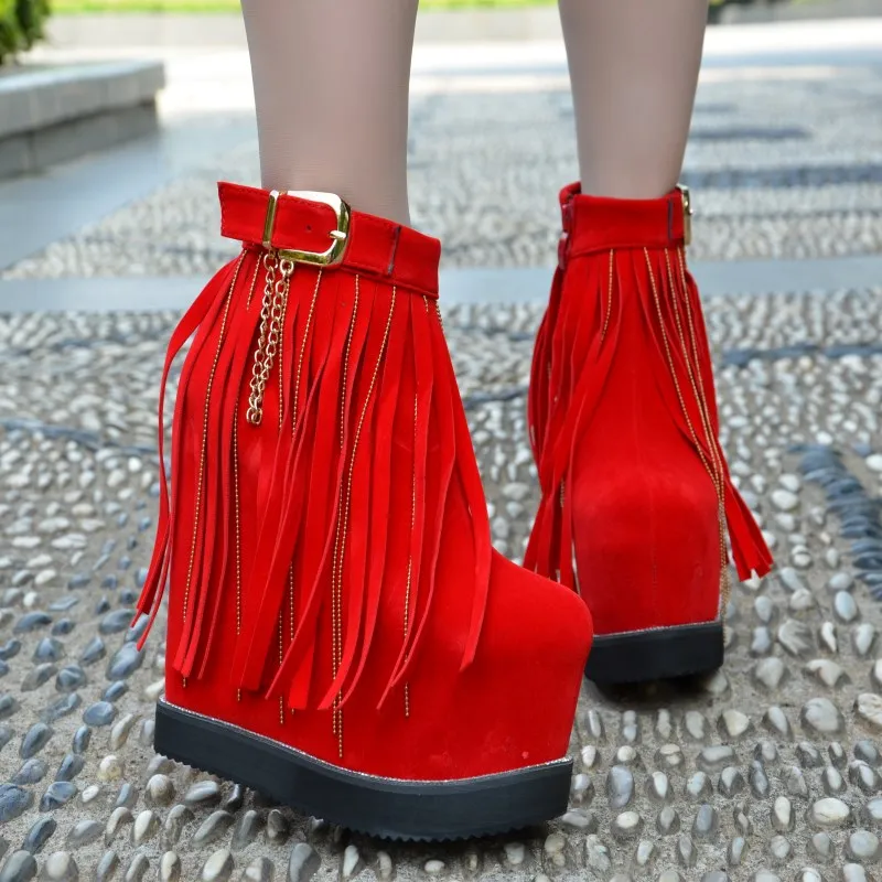 Осенне-зимние женские сапоги с бахромой на очень высоком каблуке 16 см | Обувь