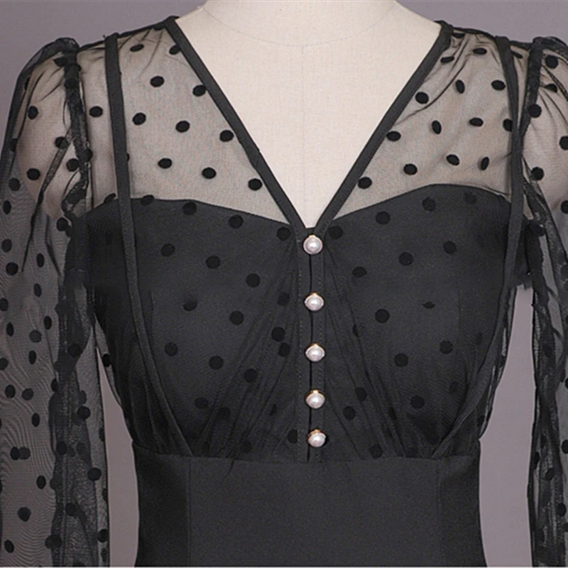 

2020 Korean Style Women Autumn Sexy Perspective Polka Dot Mesh Stitching V-Neck Slim Bodycon Dress vestido de mujer Party Dress