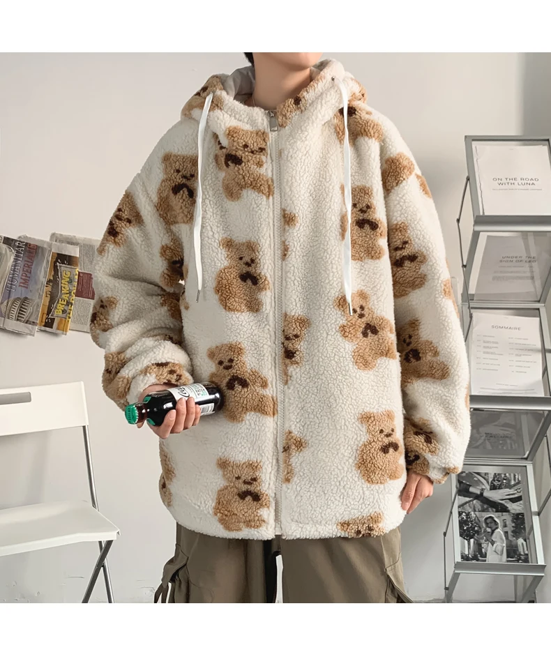 Men's Winter Jacket Velvet Covered Bear Lambs Wool Cotton-padded Clothes Loose Male Lovers Warm Thick Coat  Fleece Jackets Mens