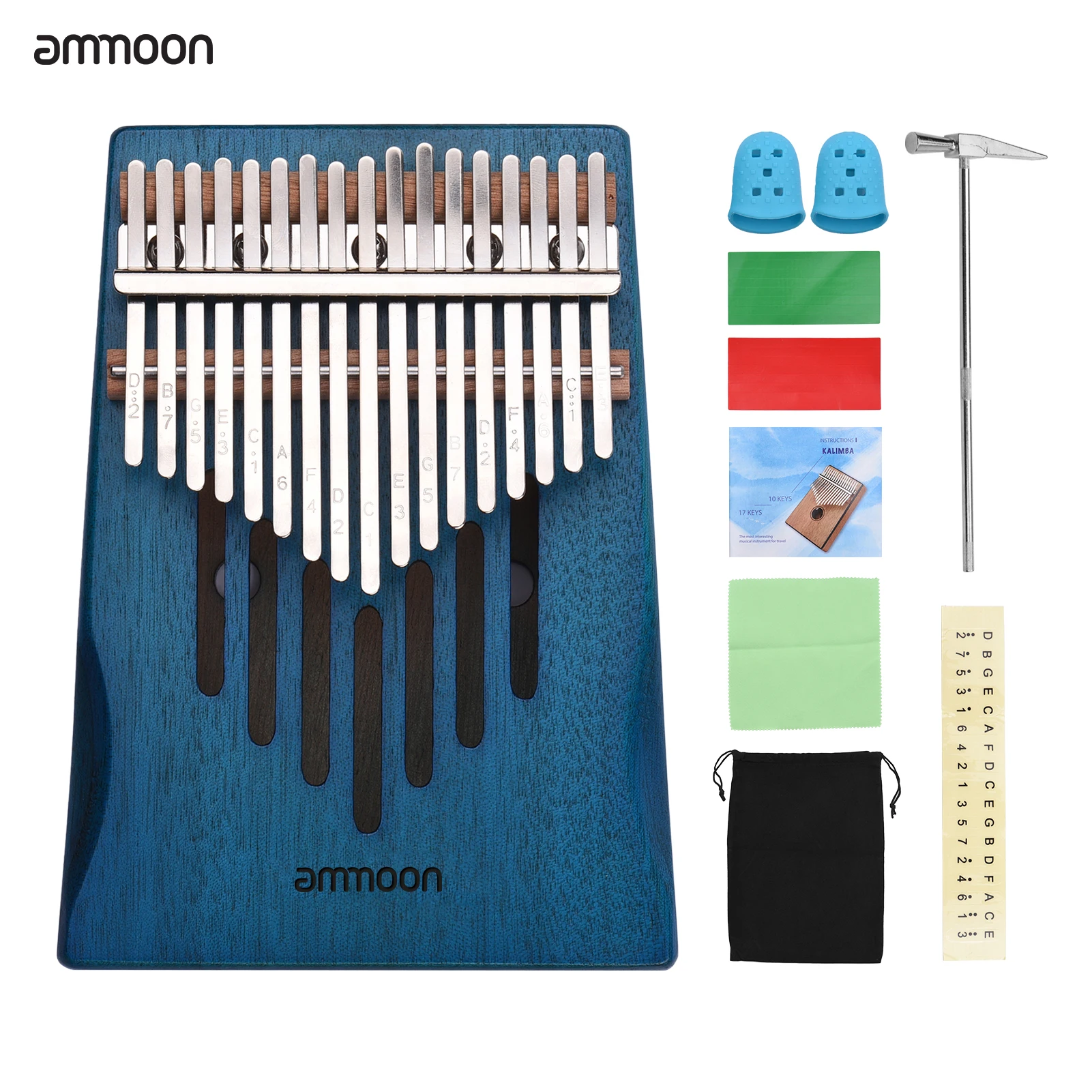 

ammoon 17-Key Solid Wood Kalimba Finger Piano Thumb Piano with Tuning Hammer Wipe Cloth Notes Sticker 2pcs Finger Guards