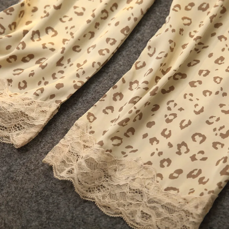 

Sexy Leopard Pajamas Set Lace Trim 2PCS Sleepwear Long Sleeve Shirt&Pants Spring Summer Pijamas Suit Casual Loungewear