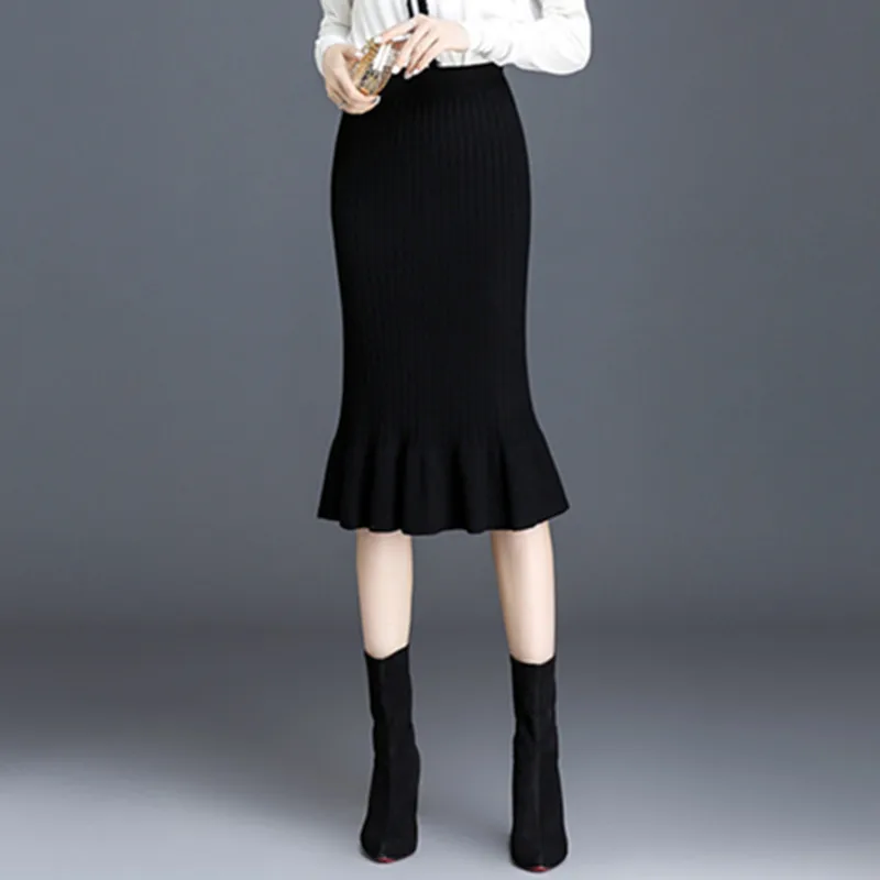 

Trumpet Skirts Women High Waist Slim Hip Pencil Skirt Ladies Elegant Vintage Mermaid Skirts Autumn Winter Knitting Skirts J370