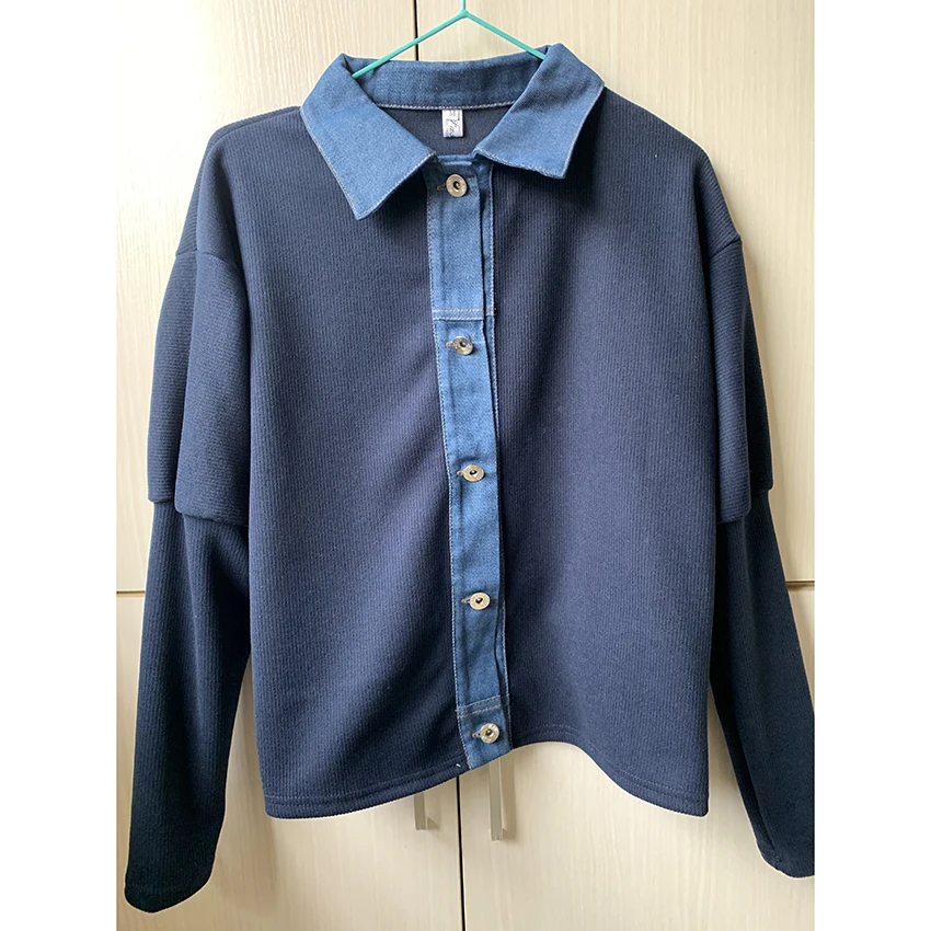 2021 New Autumn Winter Korean Fashion Denim Patchwork Cardigan Women Puff Sleeve Designer Brand Cardigans Mujer Coat Pull Femme |