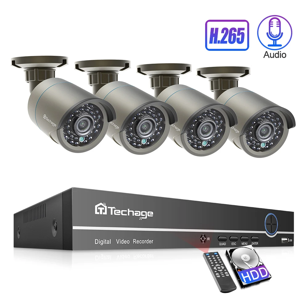 Techage H.265 4CH 1080P POE NVR комплект аудио IP камера Крытый Открытый Металл