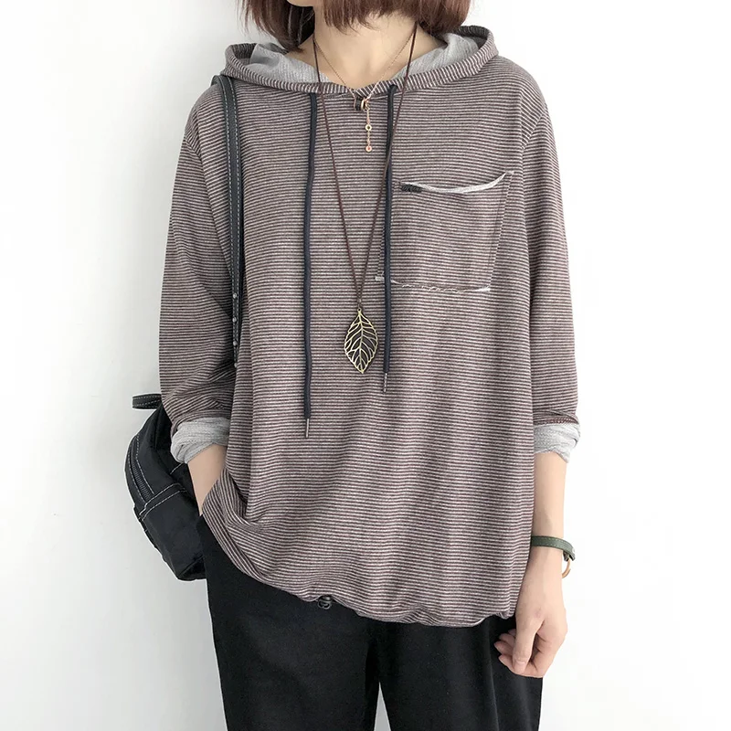 Autumn Casual Women Stripe Shirt Cotton Hooded Long Sleeve Spring Thin Pockets Loose Female Fashion Blouse YoYiKamomo