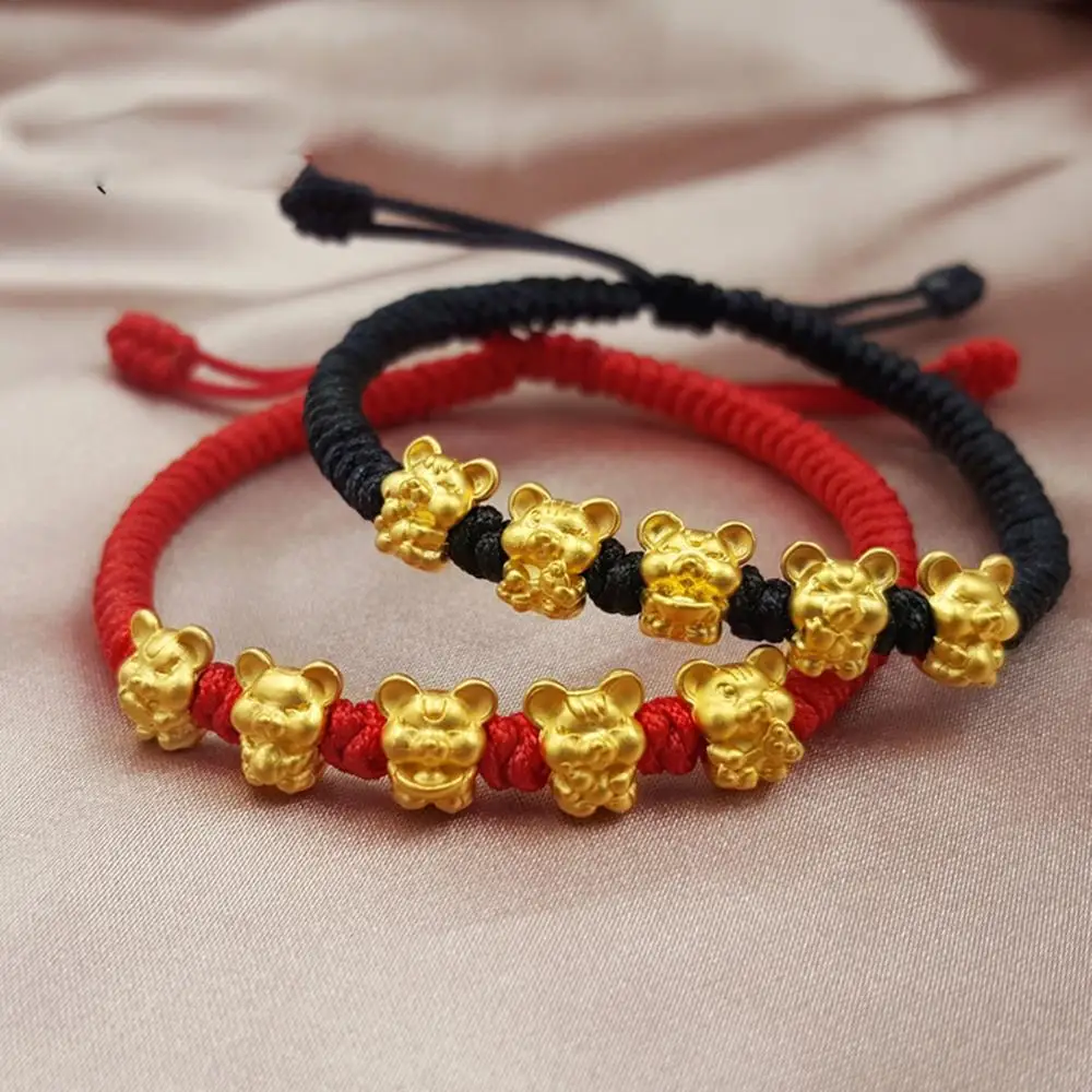 

Real 24K Yellow Gold Chain 3D Year of the Mouse Bracelet Luck 5PCS Mouse Zodiac Weaving Rope For Women Baby Female Bracelet