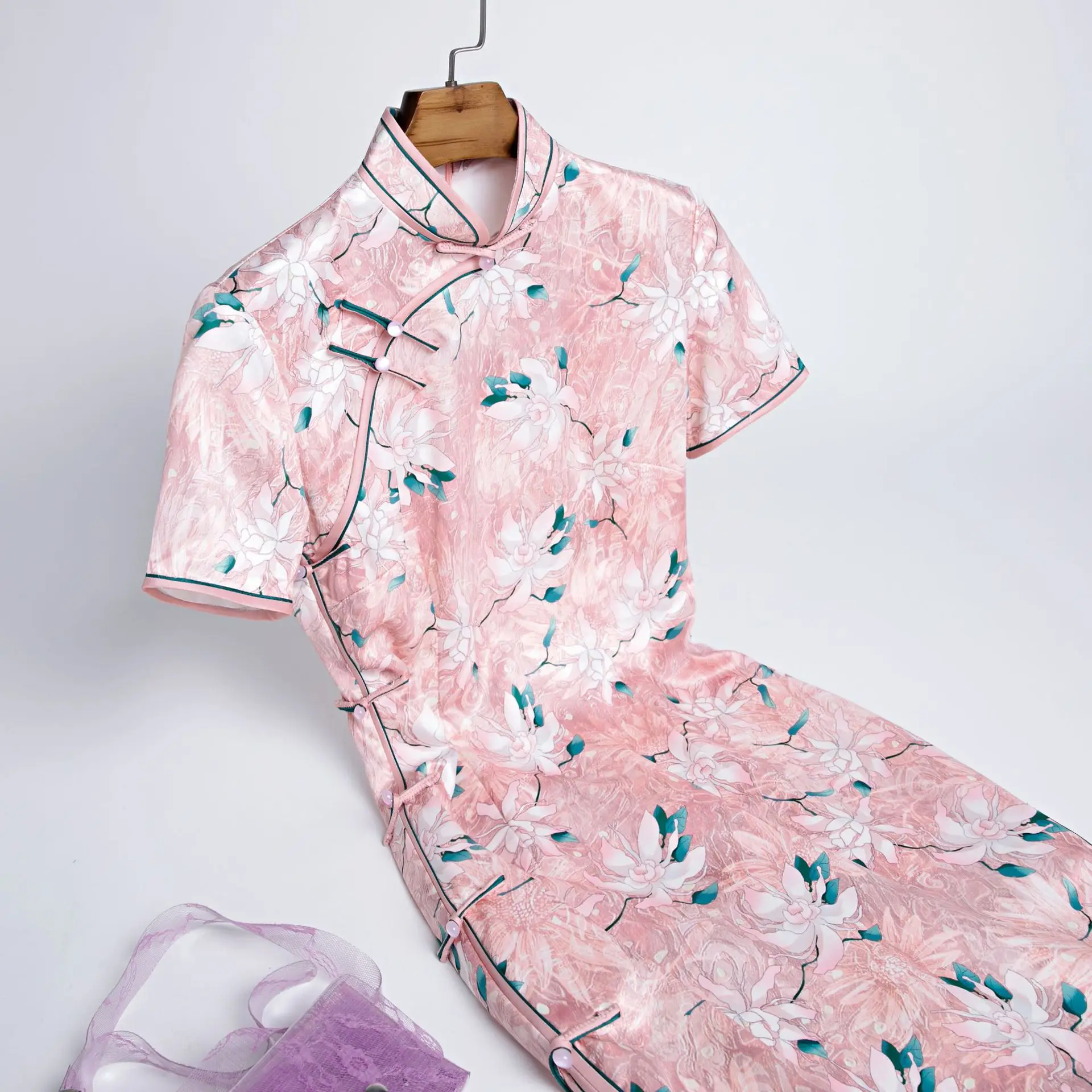 Женское винтажное платье Ципао длинное облегающее розового цвета в современном