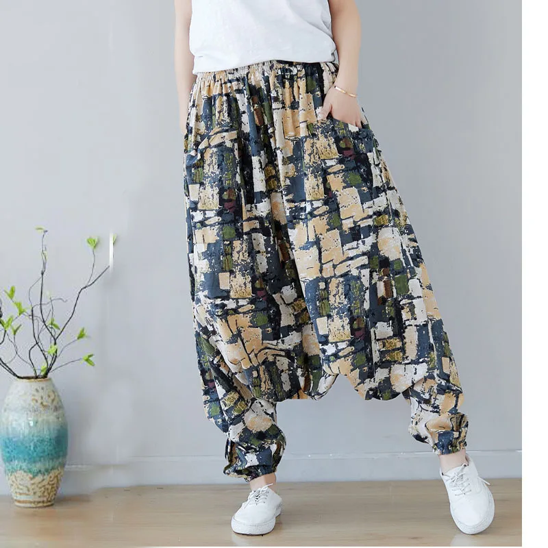 Женские свободные брюки-багги в стиле бохо эластичные брюки-шаровары из хлопка и