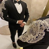 spring black 3 pieces luxury crystal beaded wedding suits two button jacket tuxedos peaked lapel mens blazer business coatpant