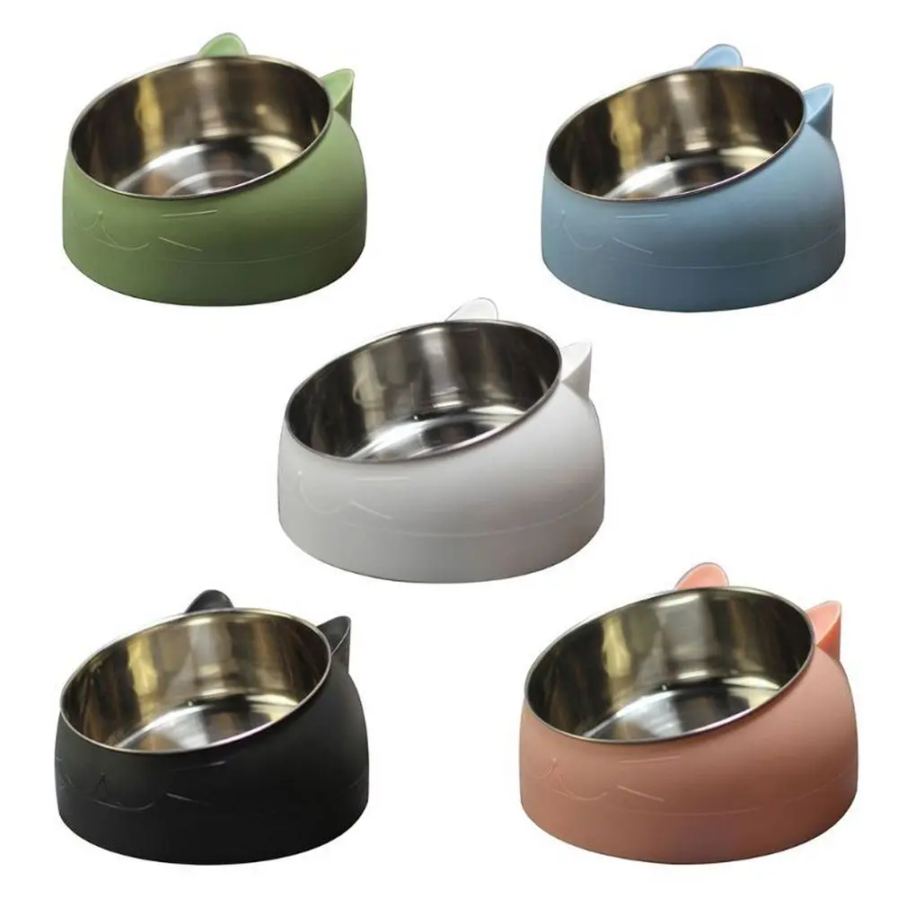 

Cat Dog Bowl 15 Degrees Tilted Stainless Steel Cat Bowl Safeguard Neck Puppy Cats Feeder Non-slip Crashworthiness Base Pet Bowls