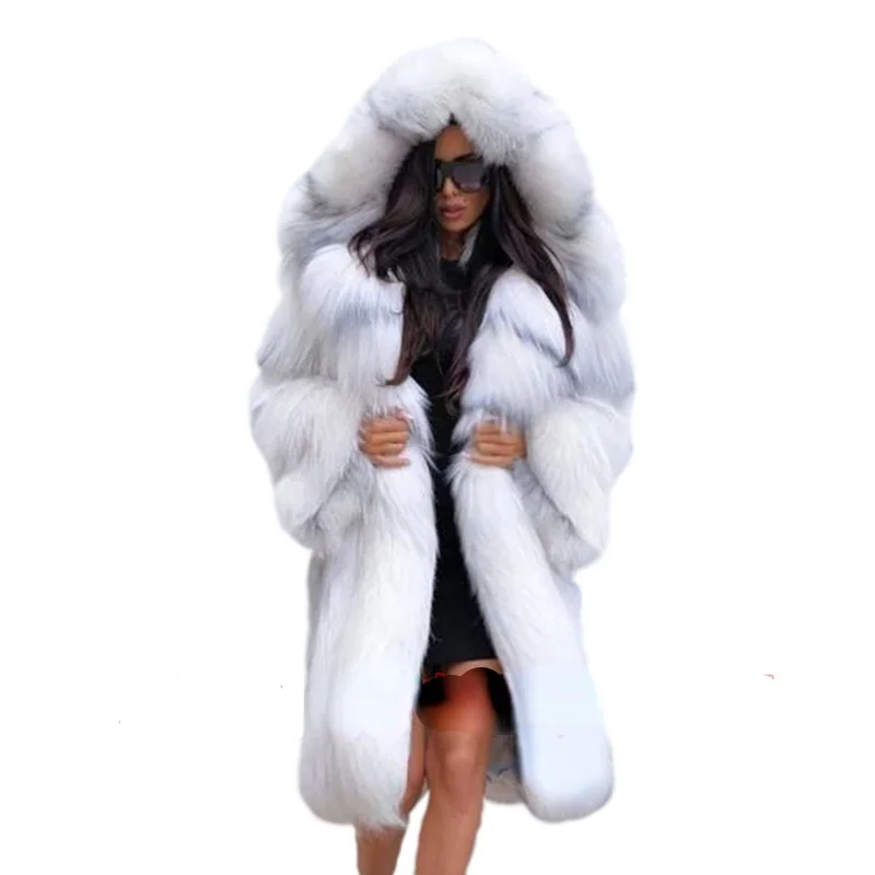 Winter Fashion Faux Fur Fox Hooded Coat women's mid-length Loose Warm Jacket For Woman S-XXXXL | Женская одежда