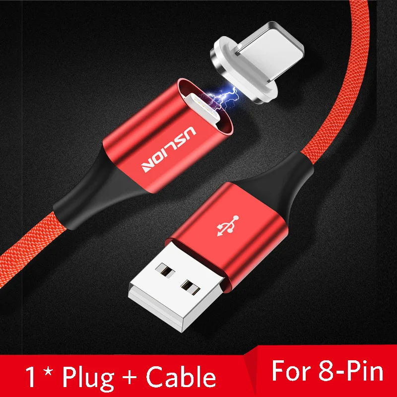 Red For iPhone Магнитный кабель USLION, 3 А, кабель для быстрой зарядки usb type C и кабель Micro USB, магнитный кабель для зарядки и передачи данных, кабели для мобильных телефонов - Цвет: Red For iPhone