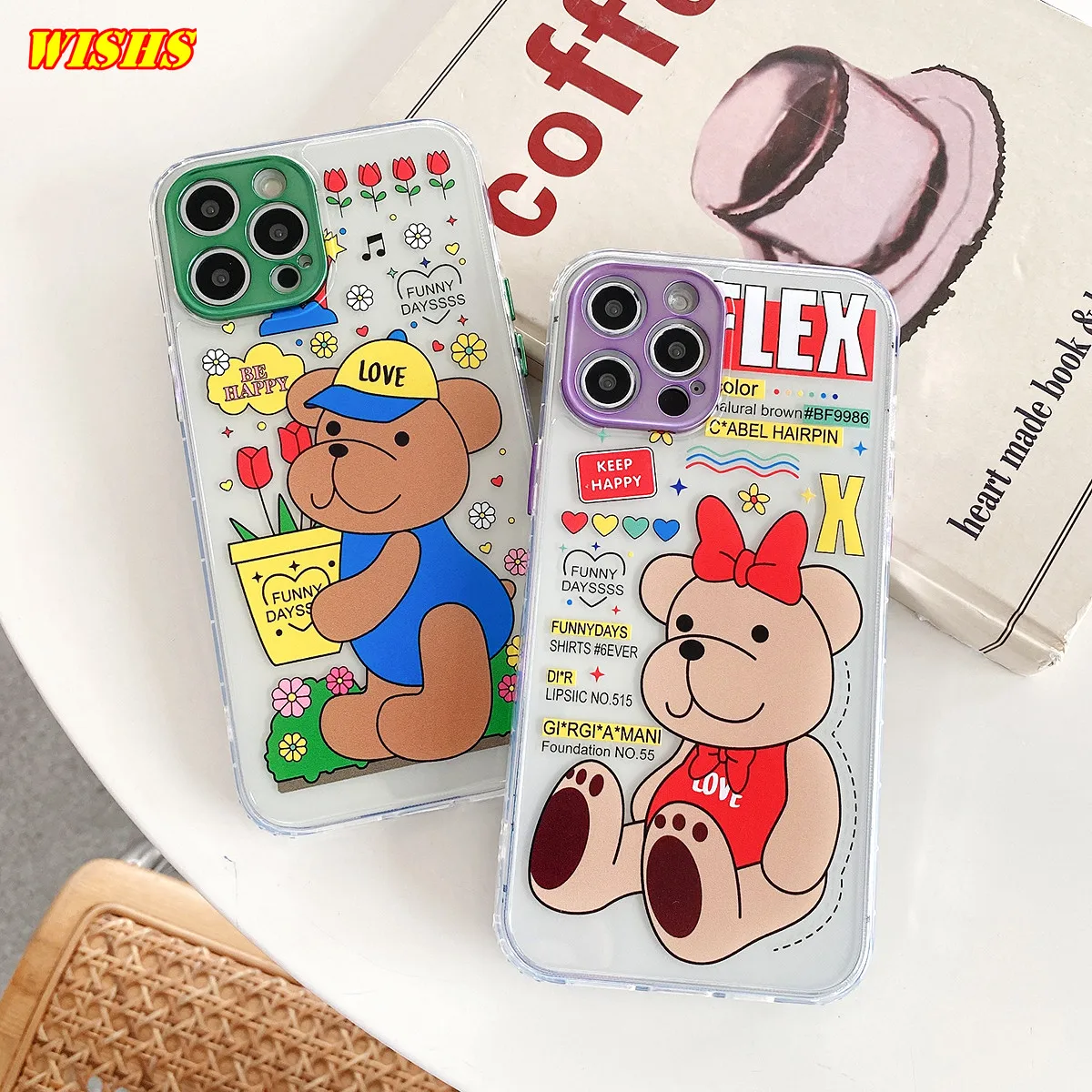 

Cute Couples Cartoon Bear Phone Case For iPhone 12 11 Pro Max 7 8 Plus X XR XS Max SE 2020 Soft TPU Cover Lens Protection Coque