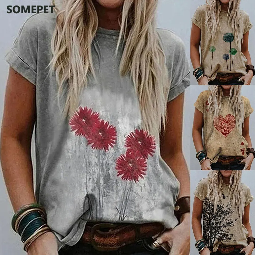 

Летние женские с круглым вырезом повседневные футболки свободные уникальный, в форме сердца Увядшие футболка S-3XL 2021 модная футболка с корот...