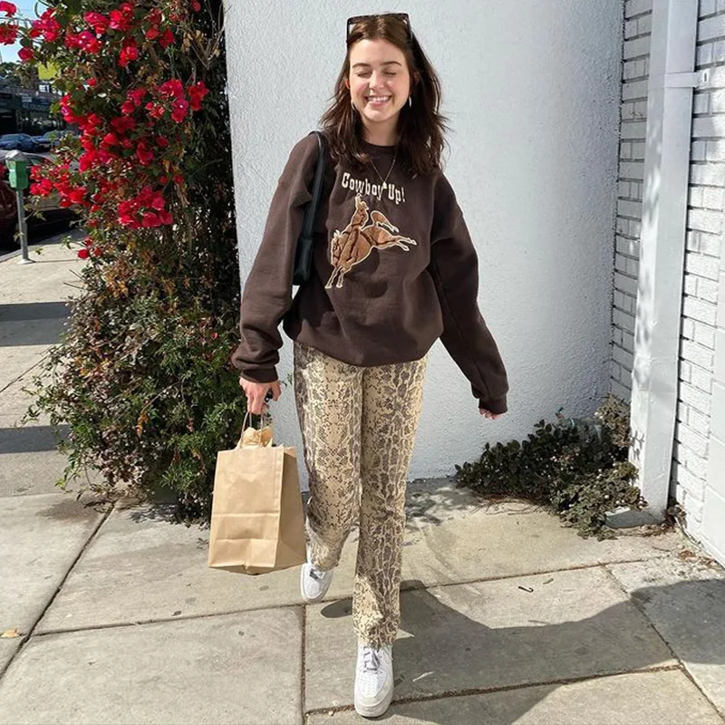 

QWEEK Y2K E Girl Brown Women Hoodies Oversize Vintage Streetwear Embroidery Letter Sweatshirts Long Sleeve Pullovers Autumn