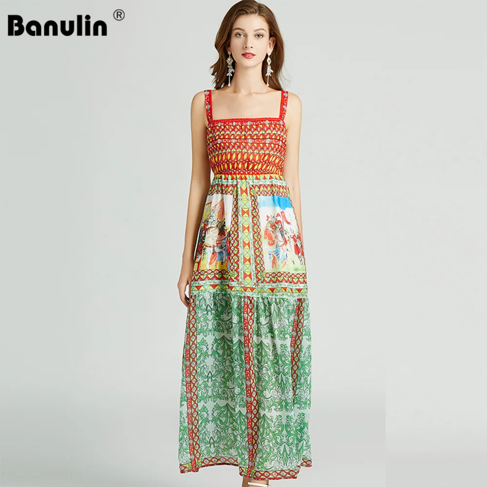 

Banulin 2021 Summer Fashion Runway Bohemian Dress Women Elegant Spaghetti Strap Warriors Print Elastic Waist Holiday Long Dress