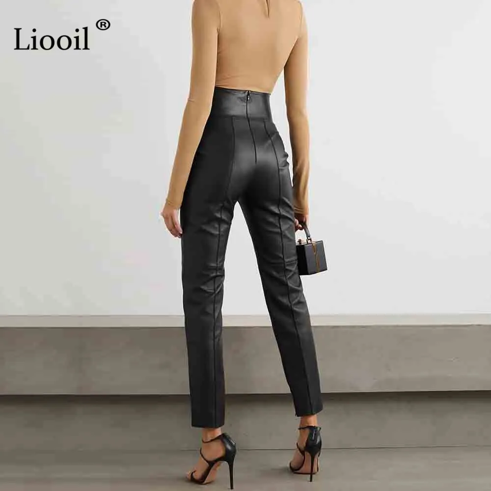 

Liooil Faux PU Leather High Waist Stretchy Pants For Women Trousers Black Slacks With Pocket Zip Up Streetwear Sexy Pencil Pants