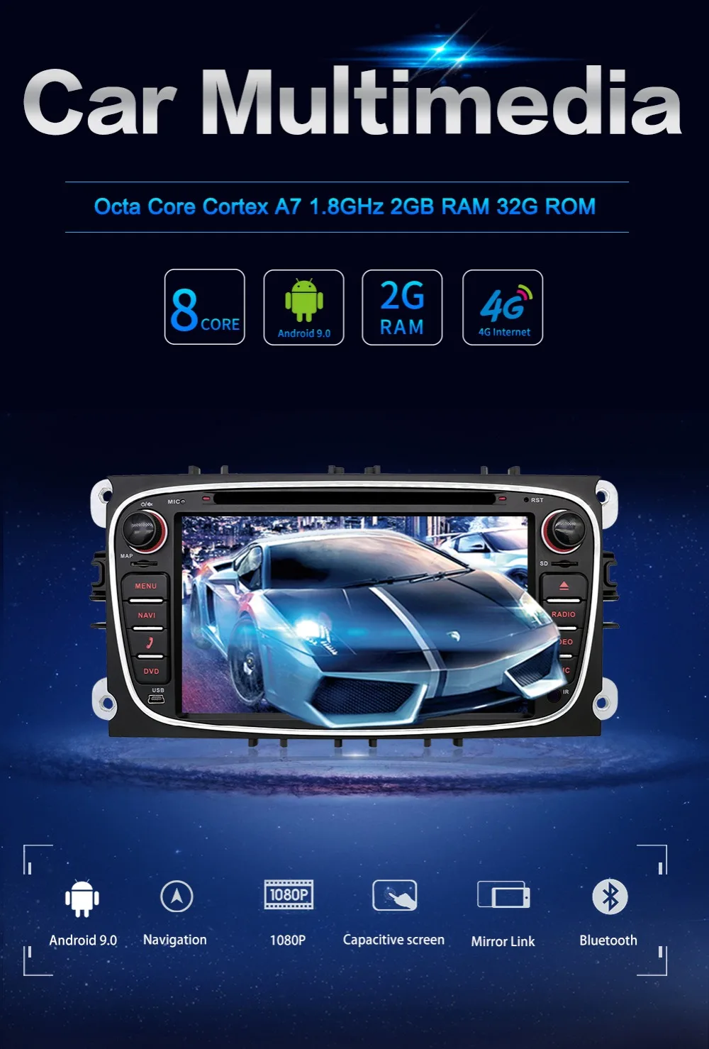 Android 9 gps автомагнитолы 2 Din Автомобильный мультимедийный плеер 7 ''аудио dvd-плеер для Ford/Focus/S-Max/Mondeo 9/Galaxy yc-Max PX6 4G 64G