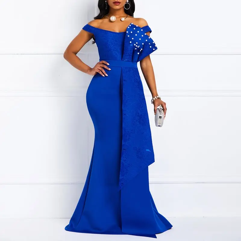Women Off Shoulder Long Dress Sexy Party Vestido Mermaid Beads Blue Robe Red Fashion Patchwork Lace Elegant Evening Maxi Dresses|Женские
