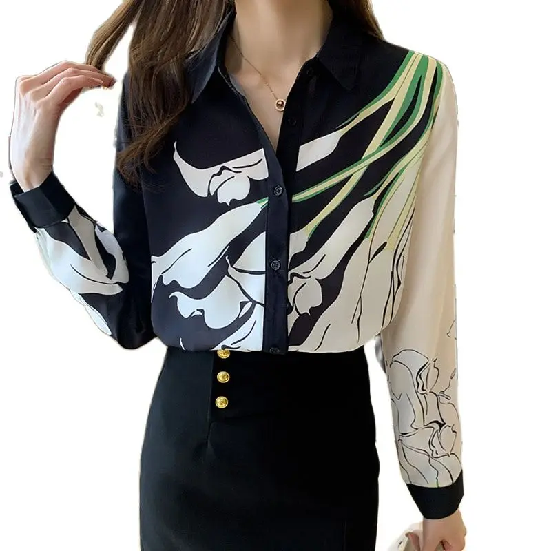 

Women Spring Autumn New Turn-down Collar Long-Sleeve flower Print Blouse Female Casual Chiffon Shirts Tops