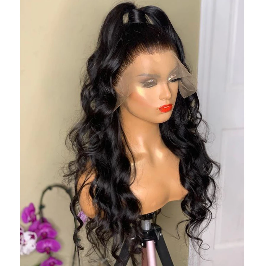 

Glueless 26Inch Brazilian Natural Hairline Remy Body Wave Black Deep Free Part Lace Front HumanHair Wig With Babyhair Daily 180%