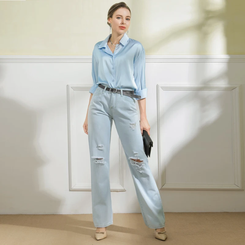 

Autumn Loose Casual Jeans For Femmal Light Blue White Women Jeans Cotton Comfotable Wide Leg Denim Pants Women Loose Ripped Jean