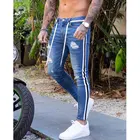 Модные мужские облегающие джинсы, байкерские потертые джинсовые брюки, рваные джинсовые брюки-карандаш с боковыми полосками, уличная одежда в стиле хип-хоп