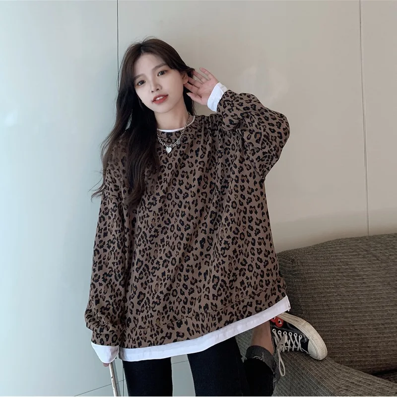 Leopard Pullover Sweatshirts Top Women 2021 Spring Korean Casual Loose Fake 2PCS Printed Patchwork Leopard Hoodies Oversized